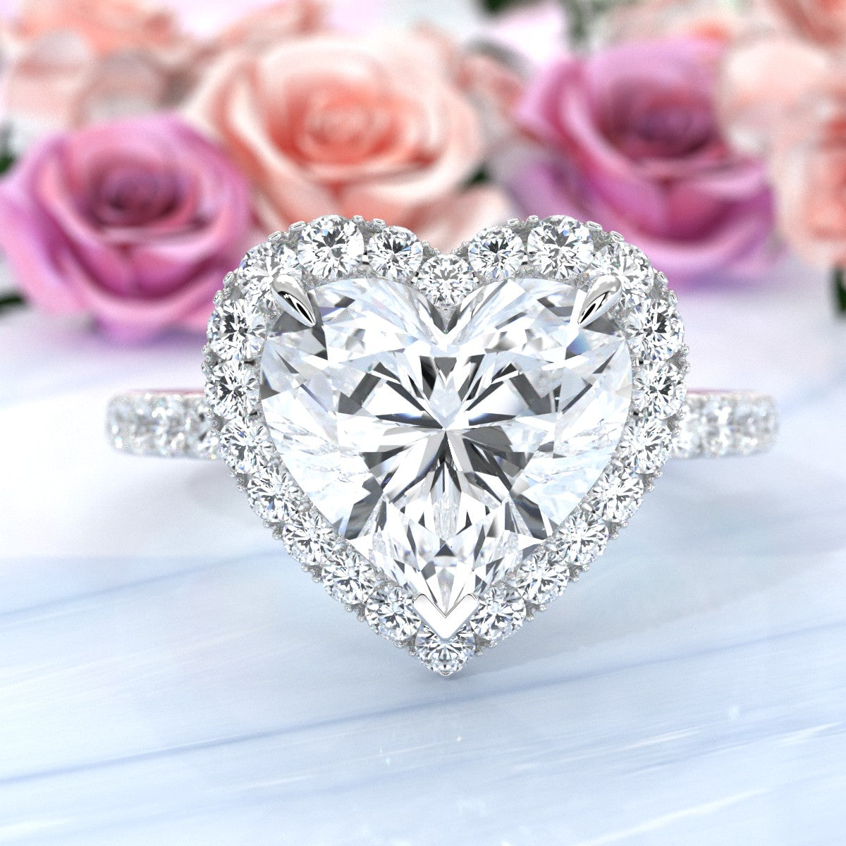 French Pave Set Halo Lab Grown Diamond Engagement Ring 2.59 Ctw.